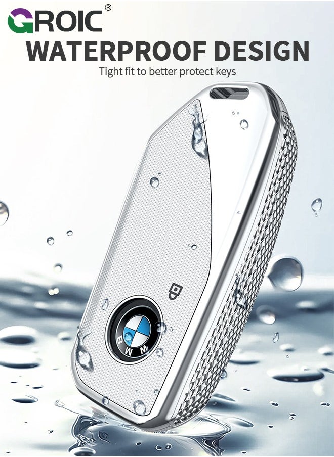 GROIC - For BMW Key Fob Cover with Keychain, Car Key Shell Case for BMW 3 5 7 Series  X1 X3 X5 X7 IX XM U11735i 740Li 2023 2024, BMW Remote Smart Key PC Protector, Car Key Holder Key Cover (Silver) - Image 1