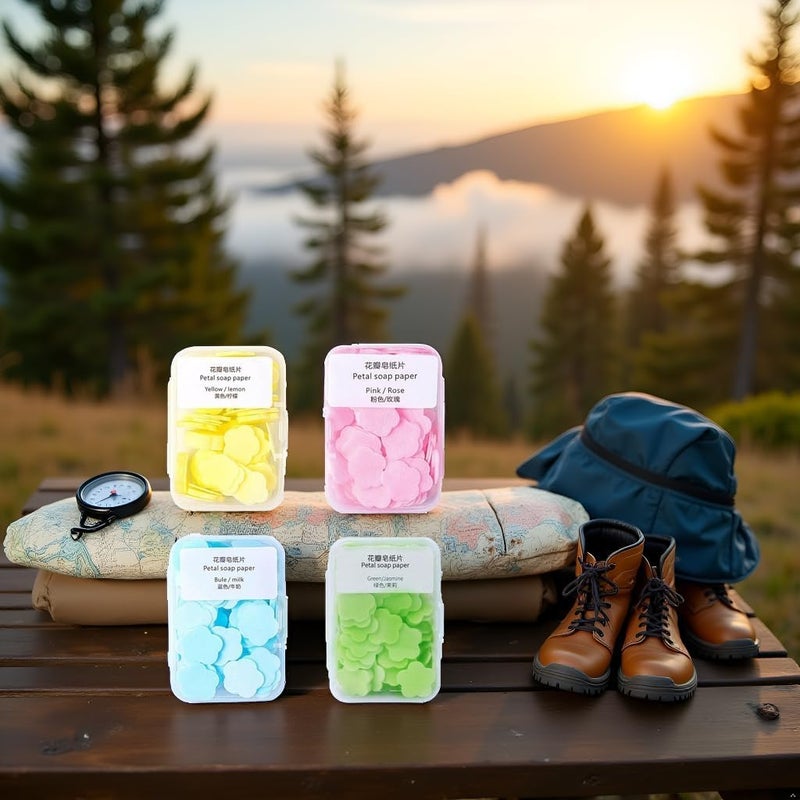 Rzcin Paper Soap, 4 Different Scented Mini Fresh Portable Disposable Petal Hand Wash Sheets, Dissolvable Hand Bath Soap, Suitable for Outdoor, Travel, Camping, 4 Boxes (Approx 400 Sheets) - Image 3