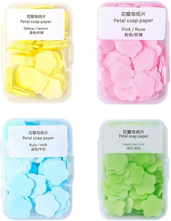 Rzcin Paper Soap, 4 Different Scented Mini Fresh Portable Disposable Petal Hand Wash Sheets, Dissolvable Hand Bath Soap, Suitable for Outdoor, Travel, Camping, 4 Boxes (Approx 400 Sheets) - Image 1
