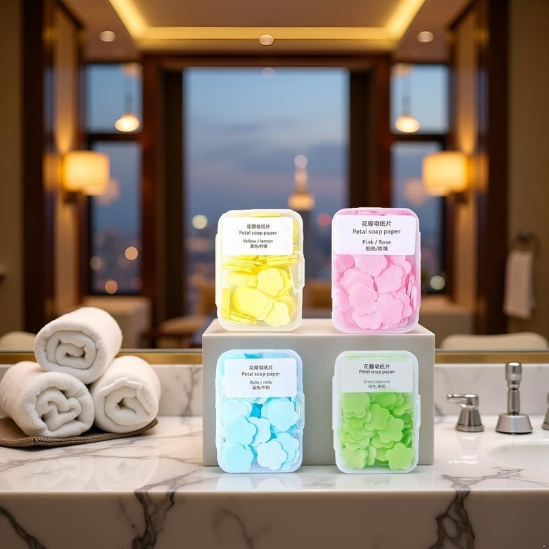 Rzcin Paper Soap, 4 Different Scented Mini Fresh Portable Disposable Petal Hand Wash Sheets, Dissolvable Hand Bath Soap, Suitable for Outdoor, Travel, Camping, 4 Boxes (Approx 400 Sheets) - Image 5