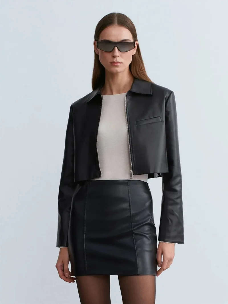 ديلفين DILVIN High-Waist Faux Leather Mini Skirt