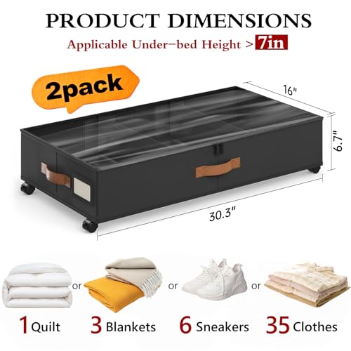 Yecaye Under Bed Storage with Wheels, 2 Pack Under Bed Storage Containers with Adjustable Dividers & Clear Window, Rolling Underbed Organizer Bins Drawers for Clothes, Shoes, Blankets, Black - Image 3