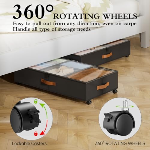 Yecaye Under Bed Storage with Wheels, 2 Pack Under Bed Storage Containers with Adjustable Dividers & Clear Window, Rolling Underbed Organizer Bins Drawers for Clothes, Shoes, Blankets, Black - Image 4