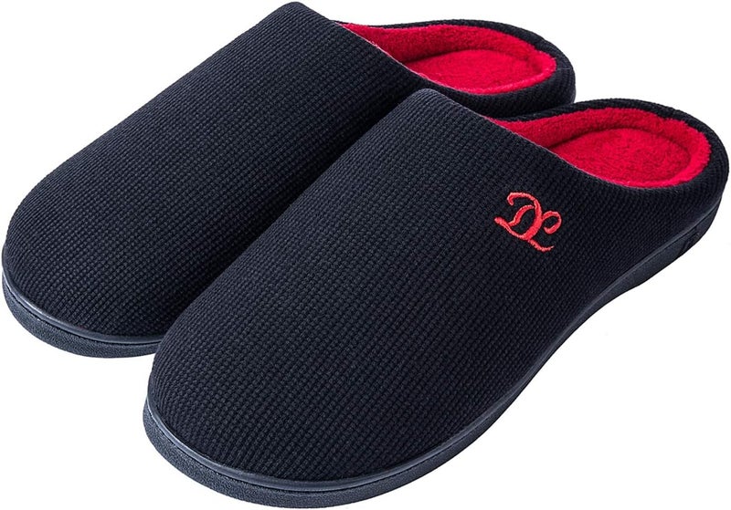 DL Men's Memory Foam Slippers - Black and Red Slip-On Indoor/Outdoor House Slippers - Image 1