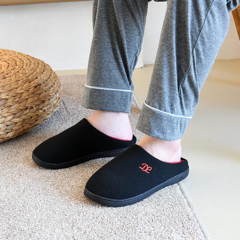 DL Men's Memory Foam Slippers - Black and Red Slip-On Indoor/Outdoor House Slippers - Image 2