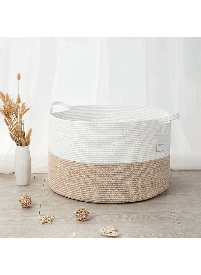 سلة تخزين منسوجة، سلة تخزين كبيرة من حبل القطن مع مقبض حمل، سلة غسيل للأطفال لللحاف/الفراش/الملابس والألعاب، مناسبة للهدايا (كتان أبيض 55*35 سم) - Image 1