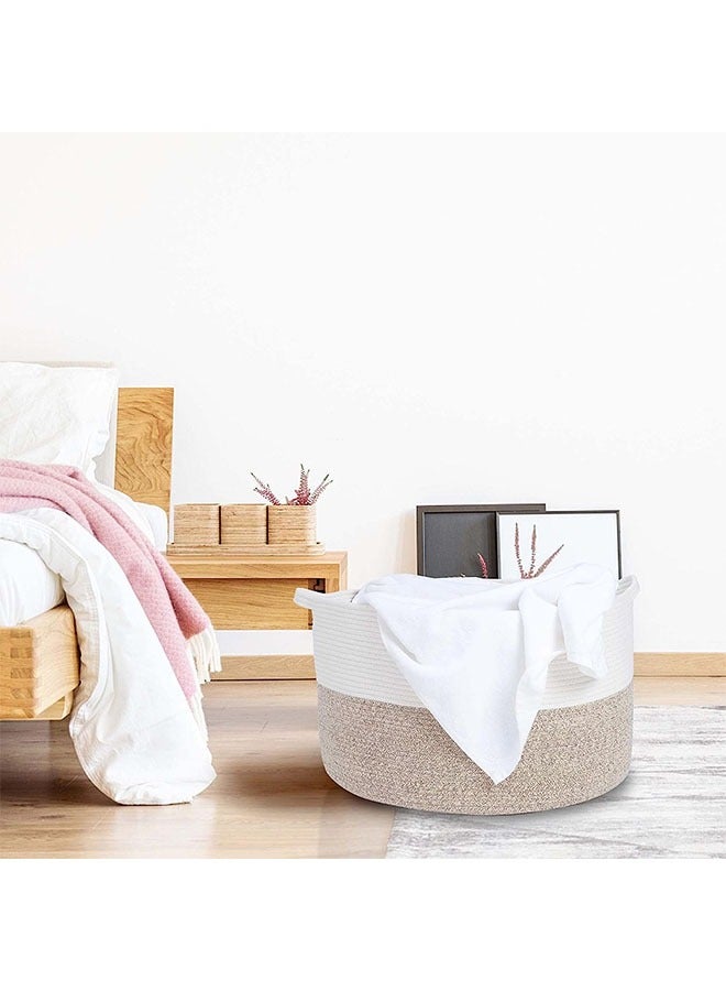 سلة تخزين منسوجة، سلة تخزين كبيرة من حبل القطن مع مقبض حمل، سلة غسيل للأطفال لللحاف/الفراش/الملابس والألعاب، مناسبة للهدايا (كتان أبيض 55*35 سم) - Image 5