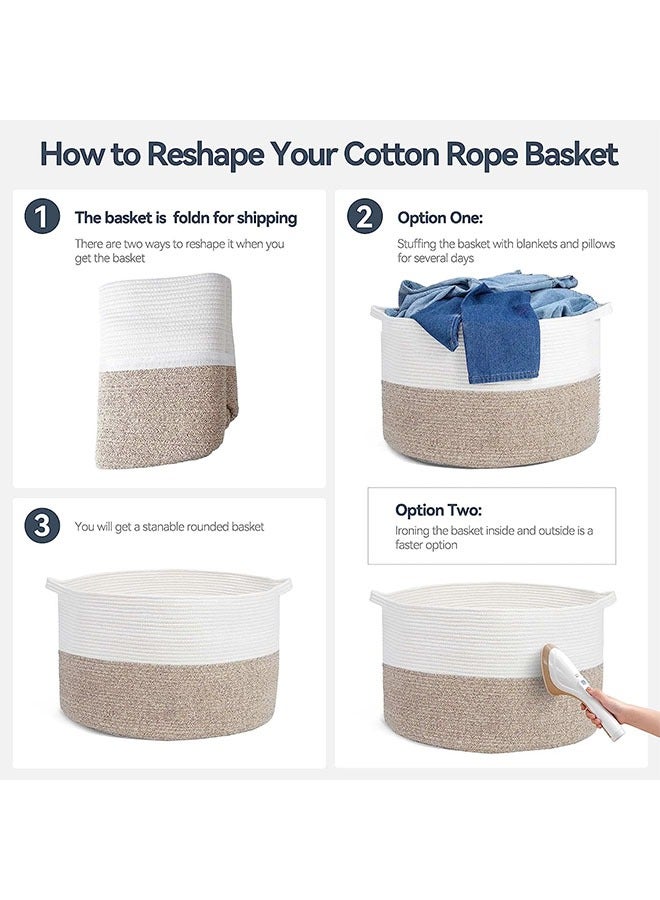 سلة تخزين منسوجة، سلة تخزين كبيرة من حبل القطن مع مقبض حمل، سلة غسيل للأطفال لللحاف/الفراش/الملابس والألعاب، مناسبة للهدايا (كتان أبيض 55*35 سم) - Image 4
