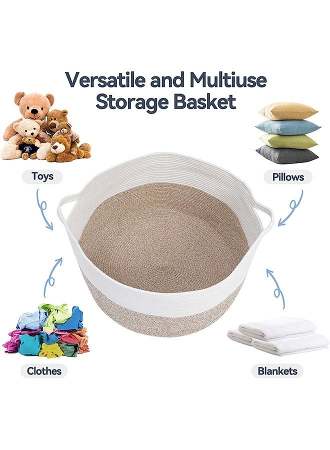 سلة تخزين منسوجة، سلة تخزين كبيرة من حبل القطن مع مقبض حمل، سلة غسيل للأطفال لللحاف/الفراش/الملابس والألعاب، مناسبة للهدايا (كتان أبيض 55*35 سم) - Image 3