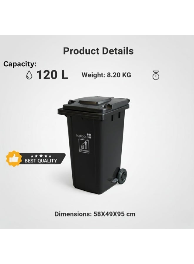 Marcolo Pedal Wheelie Waste Bin 120L Black – Durable Outdoor Dust Bin with Wheels for Home, Garden, Office - Image 2