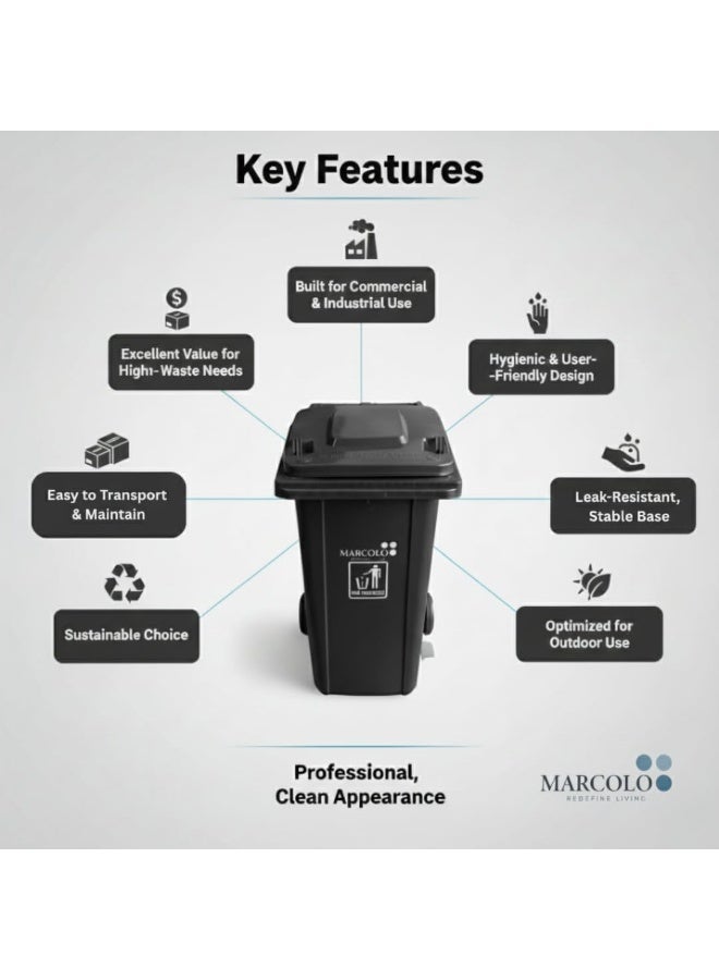 Marcolo Pedal Wheelie Waste Bin 120L Black – Durable Outdoor Dust Bin with Wheels for Home, Garden, Office - Image 3