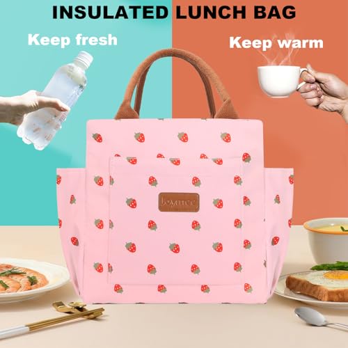 Joymee Lunch Bag Women Insulated Lunch Box Reusable Leakproof Large Spacious Cooler Tote for Women Men Adult with Bottle Holder and Side Pockets for Work Office Travel Picnic Strawberry Pink - Image 3