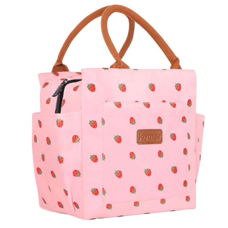 Joymee Lunch Bag Women Insulated Lunch Box Reusable Leakproof Large Spacious Cooler Tote for Women Men Adult with Bottle Holder and Side Pockets for Work Office Travel Picnic Strawberry Pink - Image 2