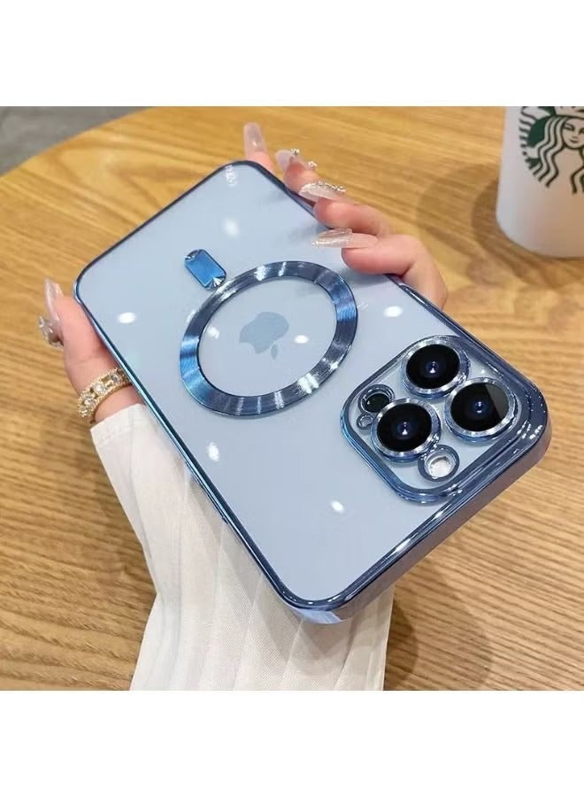 iPhone 15 Pro Max Case with Camera Lens Protector, Protective Case Compatible with Wireless Charging, Anti-Scratch Shockproof Protective Electroplated iPhone 15 Pro Max Case for Women Men - Blue - Image 1