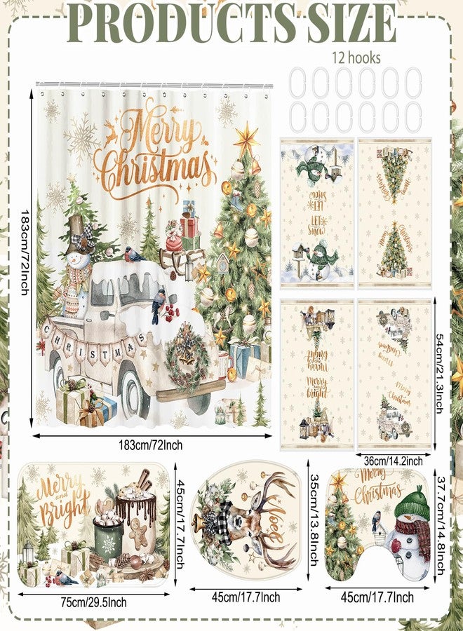FuWeave 8 Pcs Christmas Shower Curtain Set Xmas Santa Bathroom Decoration Christmas Tree Hand Towels Snowman Toilet Lid Cover Bathroom Rugs Xmas Shower Curtain with Hooks (Vintage Style) - Image 2