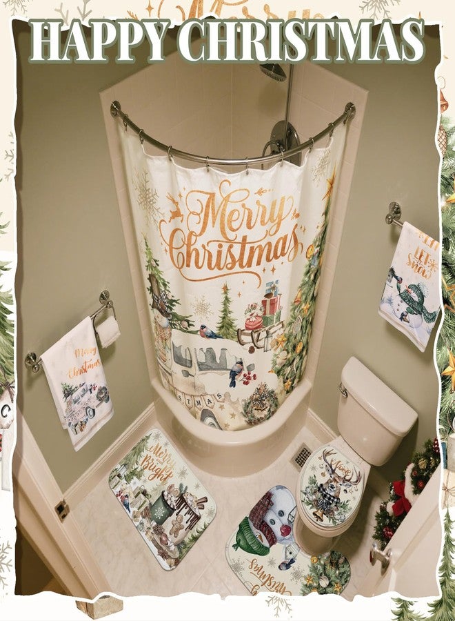 FuWeave 8 Pcs Christmas Shower Curtain Set Xmas Santa Bathroom Decoration Christmas Tree Hand Towels Snowman Toilet Lid Cover Bathroom Rugs Xmas Shower Curtain with Hooks (Vintage Style) - Image 5
