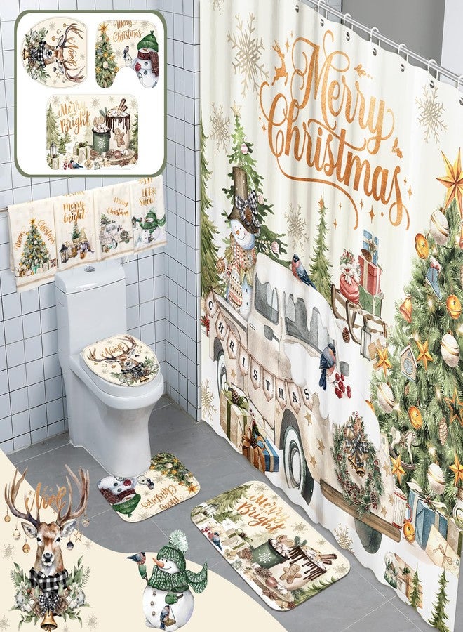 FuWeave 8 Pcs Christmas Shower Curtain Set Xmas Santa Bathroom Decoration Christmas Tree Hand Towels Snowman Toilet Lid Cover Bathroom Rugs Xmas Shower Curtain with Hooks (Vintage Style) - Image 1