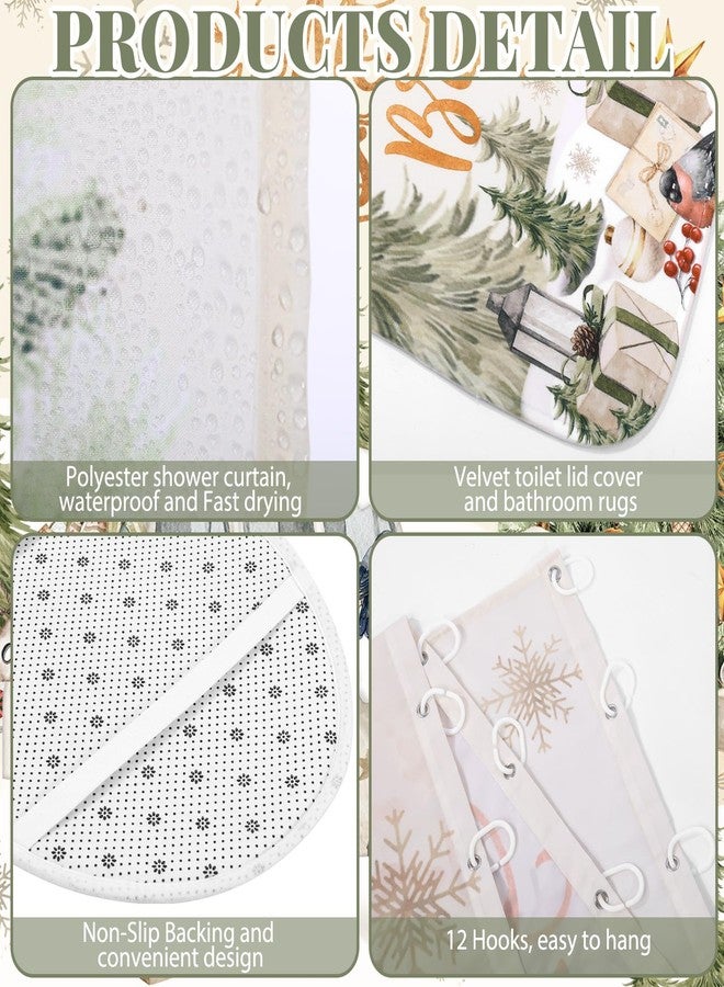 FuWeave 8 Pcs Christmas Shower Curtain Set Xmas Santa Bathroom Decoration Christmas Tree Hand Towels Snowman Toilet Lid Cover Bathroom Rugs Xmas Shower Curtain with Hooks (Vintage Style) - Image 3