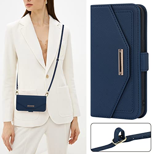 Jaorty Crossbody Wallet for iPhone 14 Pro Case with Adjustable Lanyard Strap Credit Card Holder 6.1",PU Leather Handbag Purse Kickstand Make Up Mirror Cover Case for Men Women Girl,Blue - Image 4