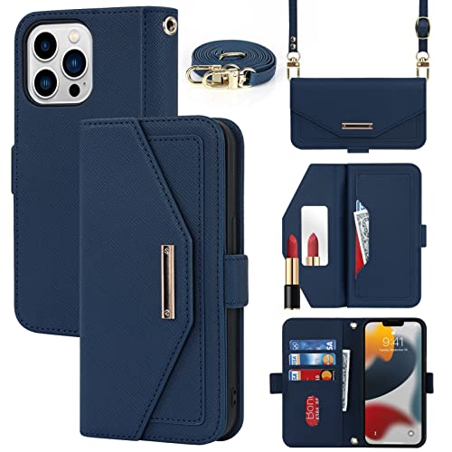 Jaorty Crossbody Wallet for iPhone 14 Pro Case with Adjustable Lanyard Strap Credit Card Holder 6.1",PU Leather Handbag Purse Kickstand Make Up Mirror Cover Case for Men Women Girl,Blue - Image 1
