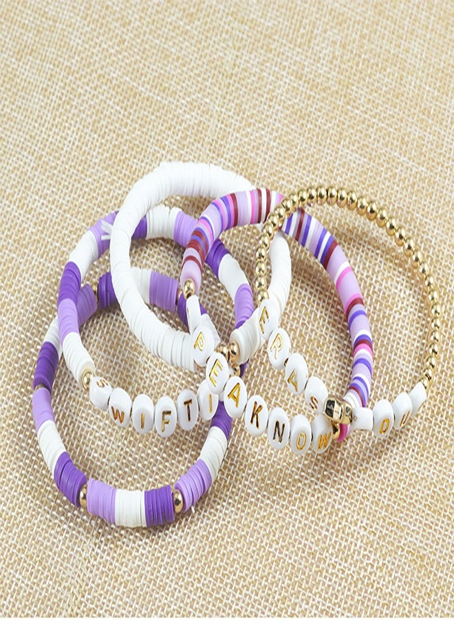 5Pcs Taylor Swift Style Friendship Bracelets Set, Colorful Smile Face & Evil Eye Beaded Stretch Bracelets, Eras Tour Inspired Y2K Jewelry Gift for Girls Teens, Hypoallergenic Stackable Bracelets -PURPLE