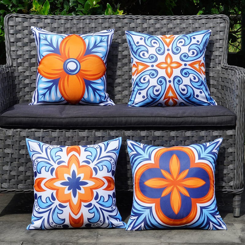 ONWAY Outdoor Pillow Covers Waterproof Set of 4 Floral Boho Decorative Throw Cushion Cover Farmhouse Pillows for Bench, Couch, Sunbrella and Patio Furniture (BlueOrange, 18x18 Inch) - Image 1