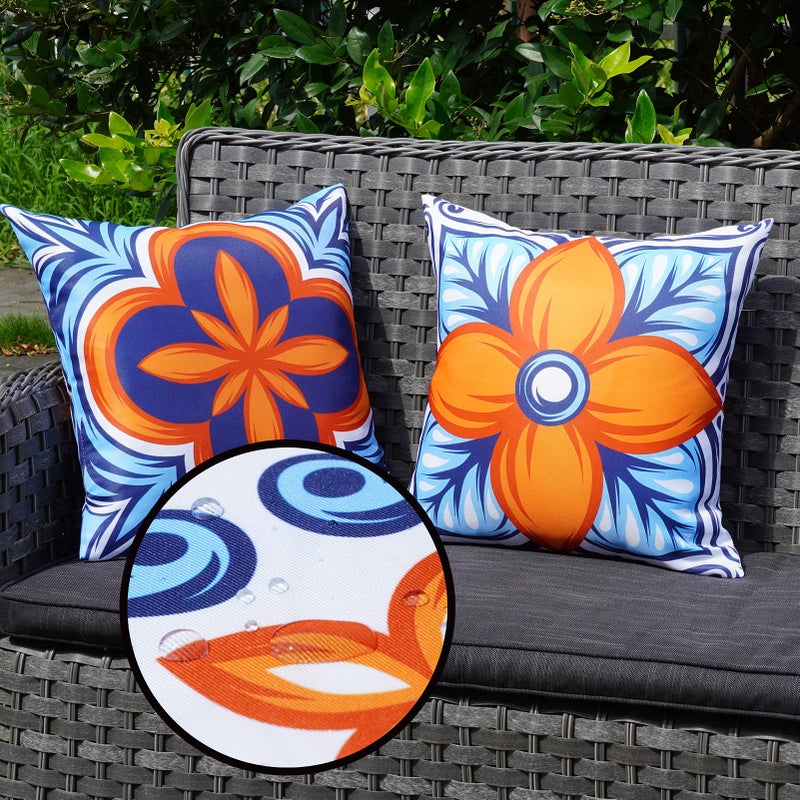 ONWAY Outdoor Pillow Covers Waterproof Set of 4 Floral Boho Decorative Throw Cushion Cover Farmhouse Pillows for Bench, Couch, Sunbrella and Patio Furniture (BlueOrange, 18x18 Inch) - Image 2