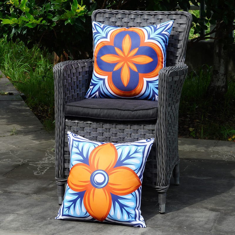 ONWAY Outdoor Pillow Covers Waterproof Set of 4 Floral Boho Decorative Throw Cushion Cover Farmhouse Pillows for Bench, Couch, Sunbrella and Patio Furniture (BlueOrange, 18x18 Inch) - Image 5