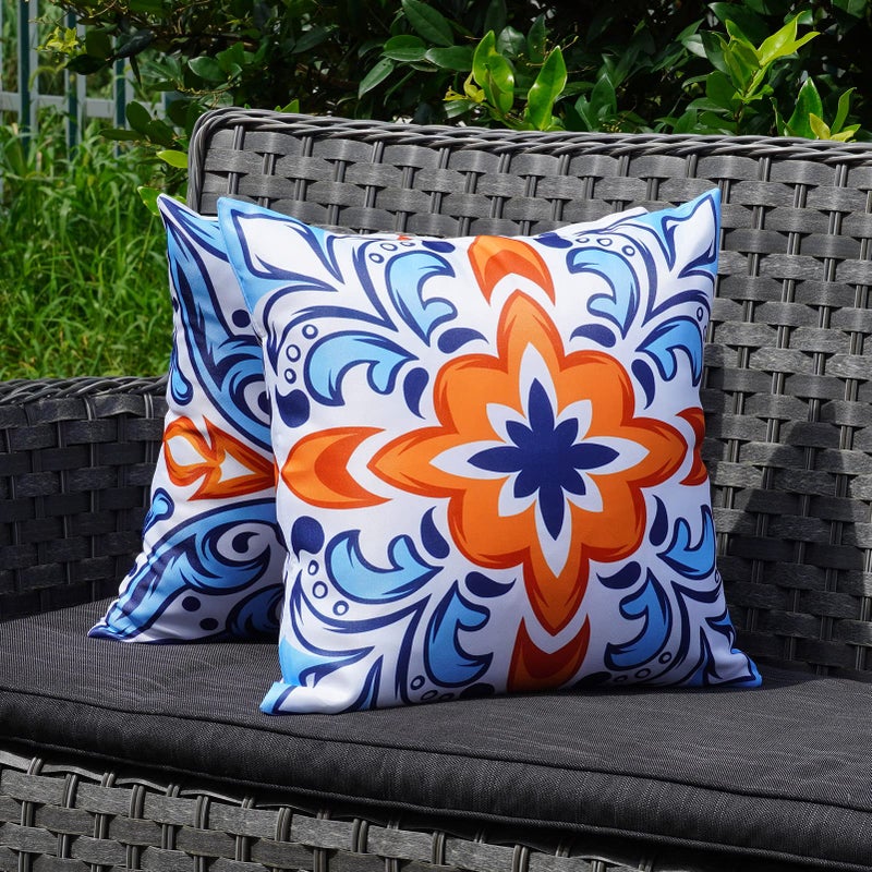 ONWAY Outdoor Pillow Covers Waterproof Set of 4 Floral Boho Decorative Throw Cushion Cover Farmhouse Pillows for Bench, Couch, Sunbrella and Patio Furniture (BlueOrange, 18x18 Inch) - Image 4