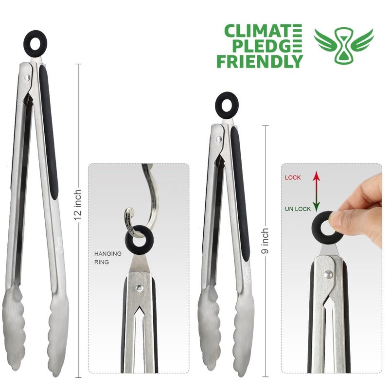 Hotec Stainless Steel Kitchen Tongs Set of 2 - 9" and 12", Locking Metal Food Tongs Non-Slip Grip - Image 3