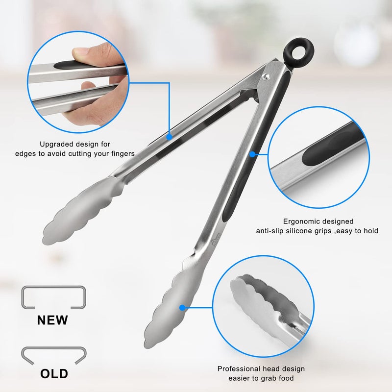 Hotec Stainless Steel Kitchen Tongs Set of 2 - 9" and 12", Locking Metal Food Tongs Non-Slip Grip - Image 5