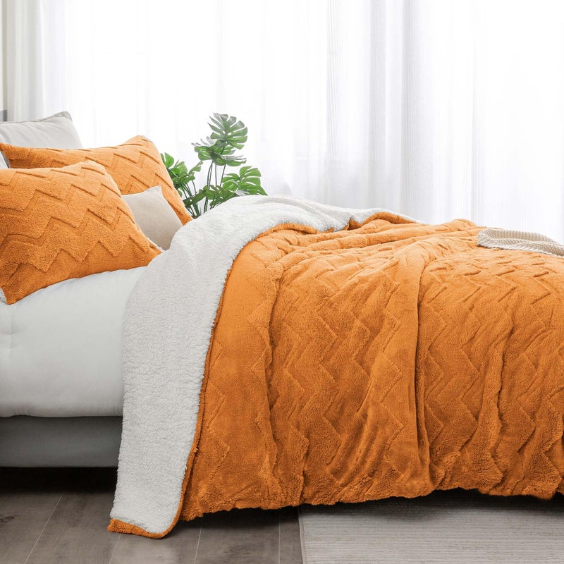 بيديليت مجموعة الإشعال اللذيذ الناعمة - Super Super Sherpa محترقة لمادة البرتقالية لمادة زنزانة ذات حجم مزدوج الفراش الدافئ الفاخرة لمجموعة سرير غامض الشتاء (1 المعزي 1 وسادة) - Image 4