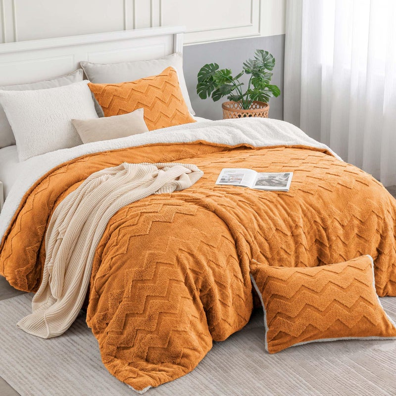 بيديليت مجموعة الإشعال اللذيذ الناعمة - Super Super Sherpa محترقة لمادة البرتقالية لمادة زنزانة ذات حجم مزدوج الفراش الدافئ الفاخرة لمجموعة سرير غامض الشتاء (1 المعزي 1 وسادة) - Image 3