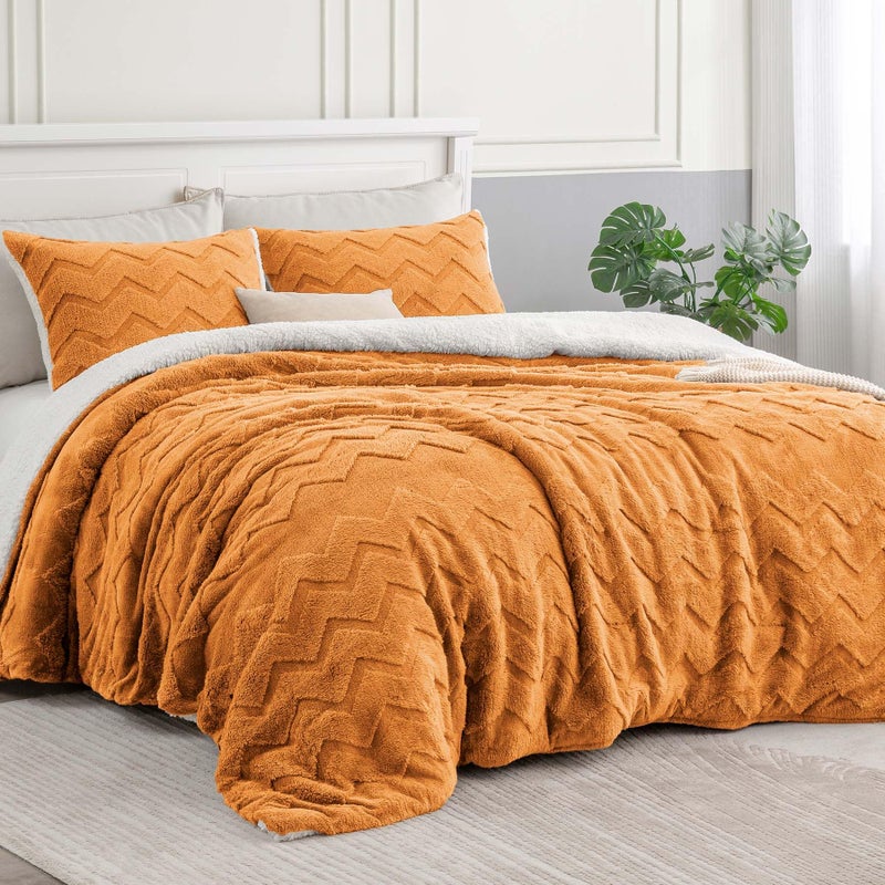 بيديليت مجموعة الإشعال اللذيذ الناعمة - Super Super Sherpa محترقة لمادة البرتقالية لمادة زنزانة ذات حجم مزدوج الفراش الدافئ الفاخرة لمجموعة سرير غامض الشتاء (1 المعزي 1 وسادة) - Image 2