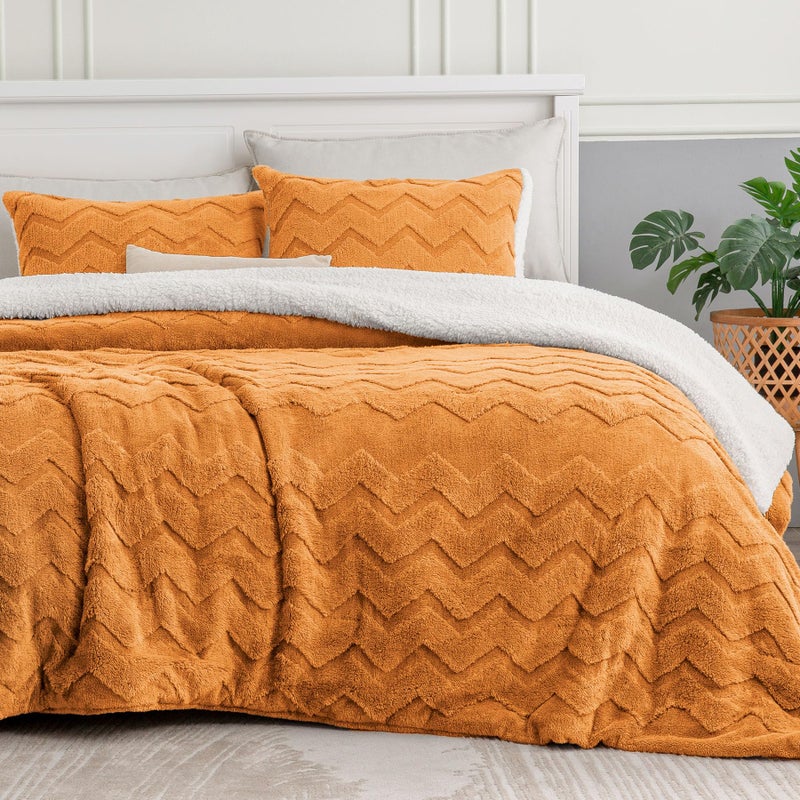بيديليت مجموعة الإشعال اللذيذ الناعمة - Super Super Sherpa محترقة لمادة البرتقالية لمادة زنزانة ذات حجم مزدوج الفراش الدافئ الفاخرة لمجموعة سرير غامض الشتاء (1 المعزي 1 وسادة) - Image 5