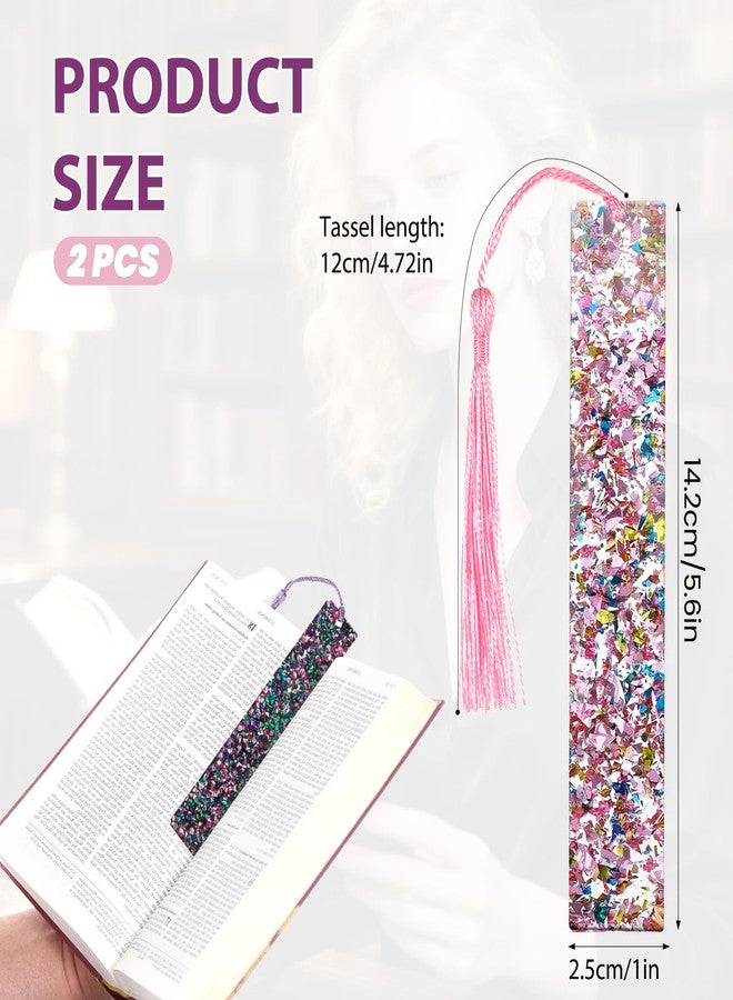 Alrhso 2 Pcs Tassel Bookmarks Girls Resin Glitter Bookmarks for Women Pink Purple Glitter Acrylic Bookmark with Colorful Silk Tassels for Women Girls Book Lovers Reading Presents - Image 2