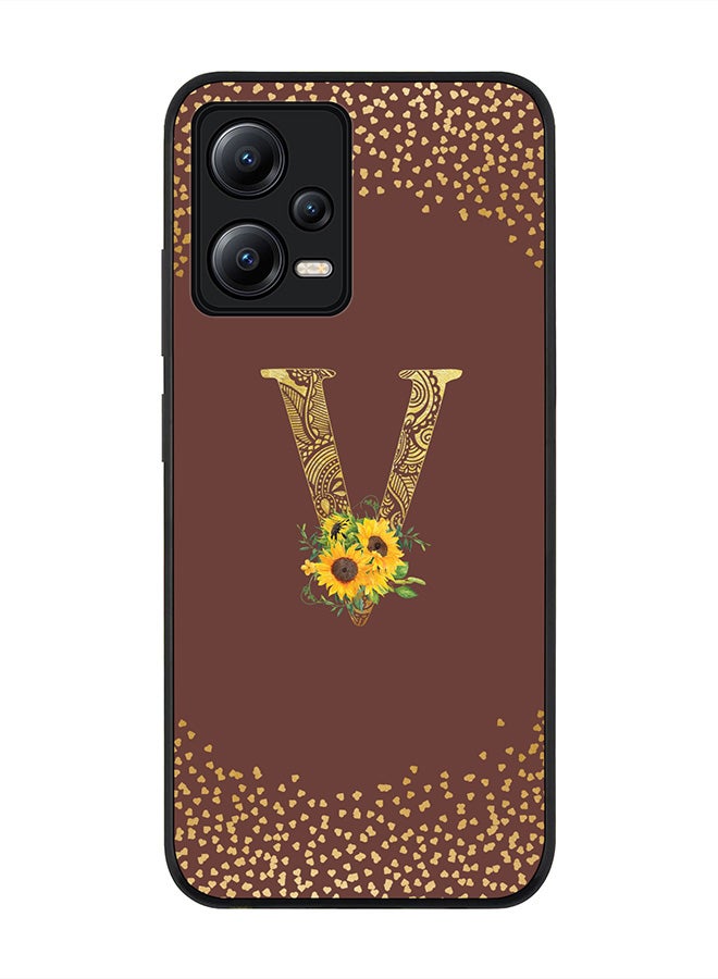 Stylizedd Rugged Black edge case for Poco X5 / Redmi Note 12 5G Slim fit Soft Case Flexible Rubber Edges Anti Drop TPU Gel Thin Cover - Custom Monogram Initial Floral Pattern Alphabet - V - Brown - Image 1