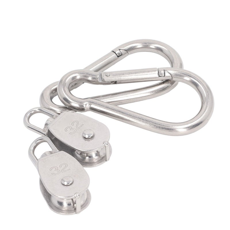 Single Pulley Block: 2pcs M32 304 Stainless Steel, 250KG Load Bearing, 360° Rotating - With 2pcs M12 Spring Snap Hook, Wire Rope Pulley for Camping, Hiking, Gym, Outdoor & Indoor Use - Image 2