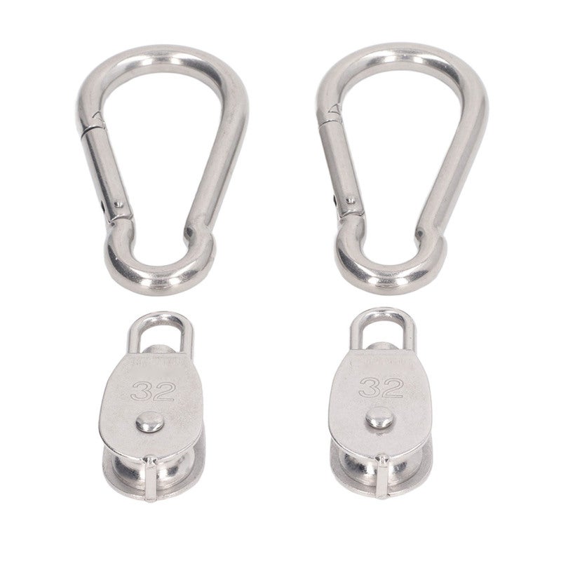 Single Pulley Block: 2pcs M32 304 Stainless Steel, 250KG Load Bearing, 360° Rotating - With 2pcs M12 Spring Snap Hook, Wire Rope Pulley for Camping, Hiking, Gym, Outdoor & Indoor Use - Image 1