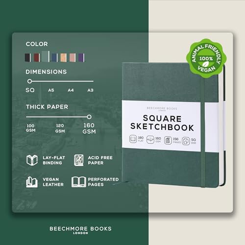 Beechmore Books Square Mixed Media Sketchbook 8x8 Professional Art Journal 160 GSM 98 lb Ivory Paper Perforated Pages Vegan Leather Hardcover LayFlat Design for Drawing Doodling - Image 3