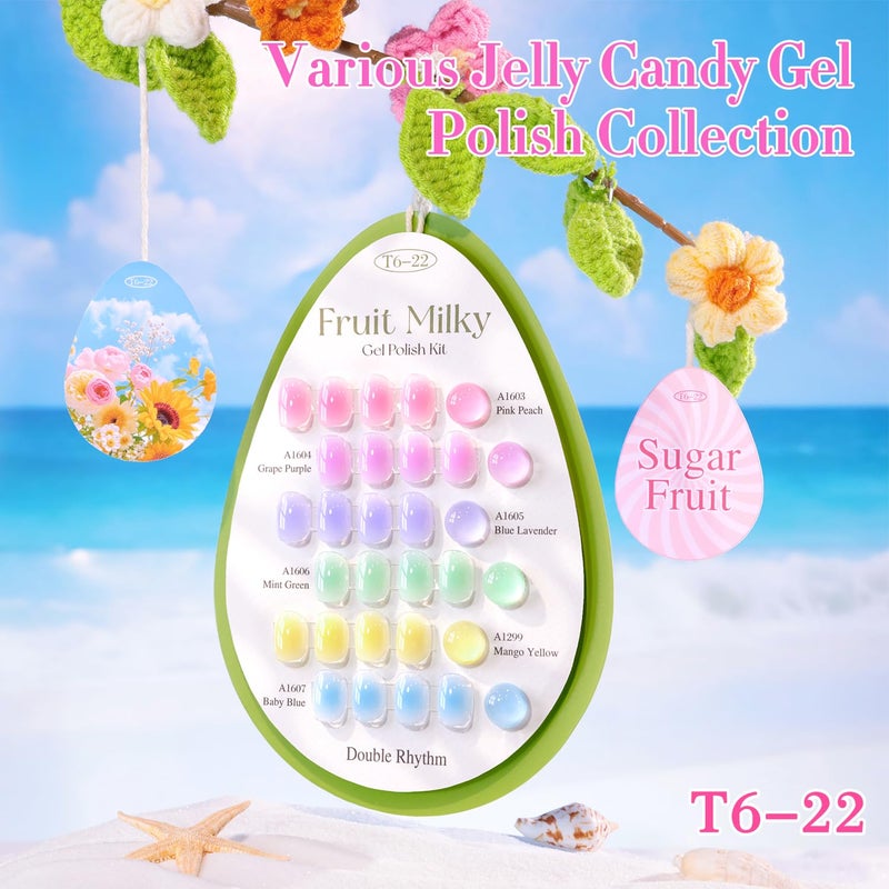 Double Rhythm 6 Pcs 15 ML Gel Polish Set Same Color Same Bottle Soak Off Gel Polish Kit Nail Art Manicure Salon DIY at Home for Women (Jelly Pink Purple Green Yellow Blue-T6-22) - Image 3
