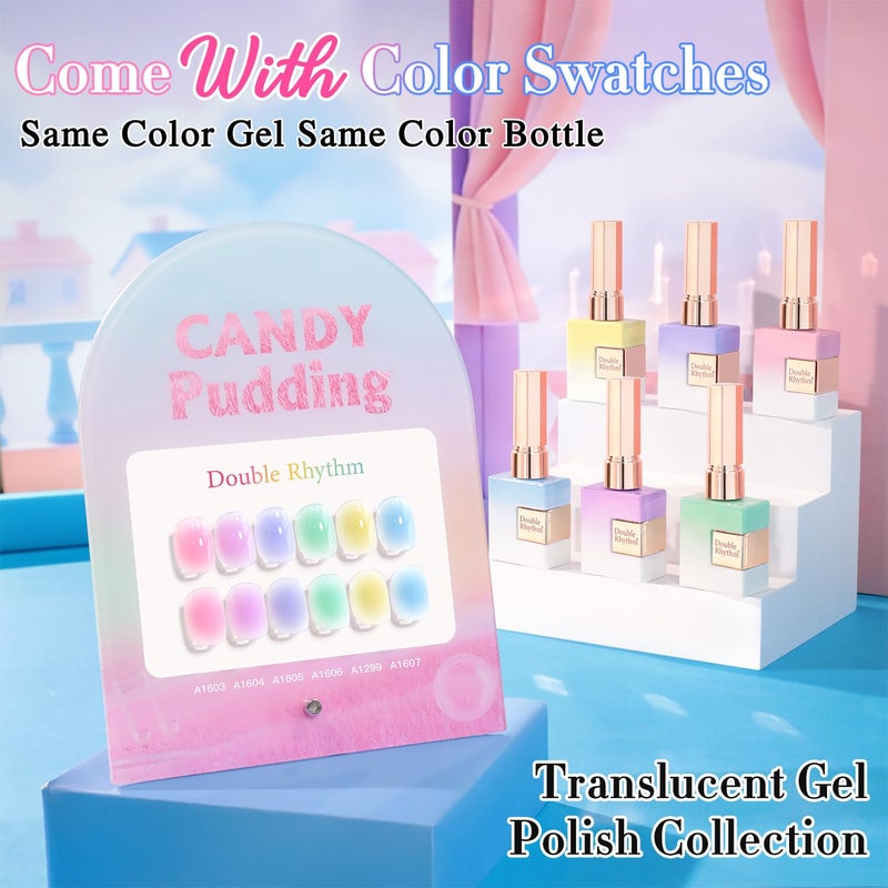 Double Rhythm 6 Pcs 15 ML Gel Polish Set Same Color Same Bottle Soak Off Gel Polish Kit Nail Art Manicure Salon DIY at Home for Women (Jelly Pink Purple Green Yellow Blue-T6-22) - Image 2