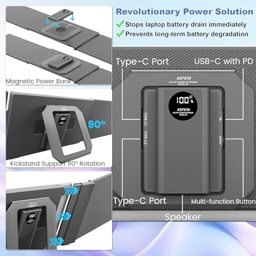 KEFEYA 15.6" Laptop Screen Extender, Includes Power Bank, FHD 1080P IPS Triple Laptop Monitor Extender for 13-17" Laptops, Plug & Play with HDMI/USB-A/TYPE-C/Hub, Compatible with Windows, Mac, Android - Image 4
