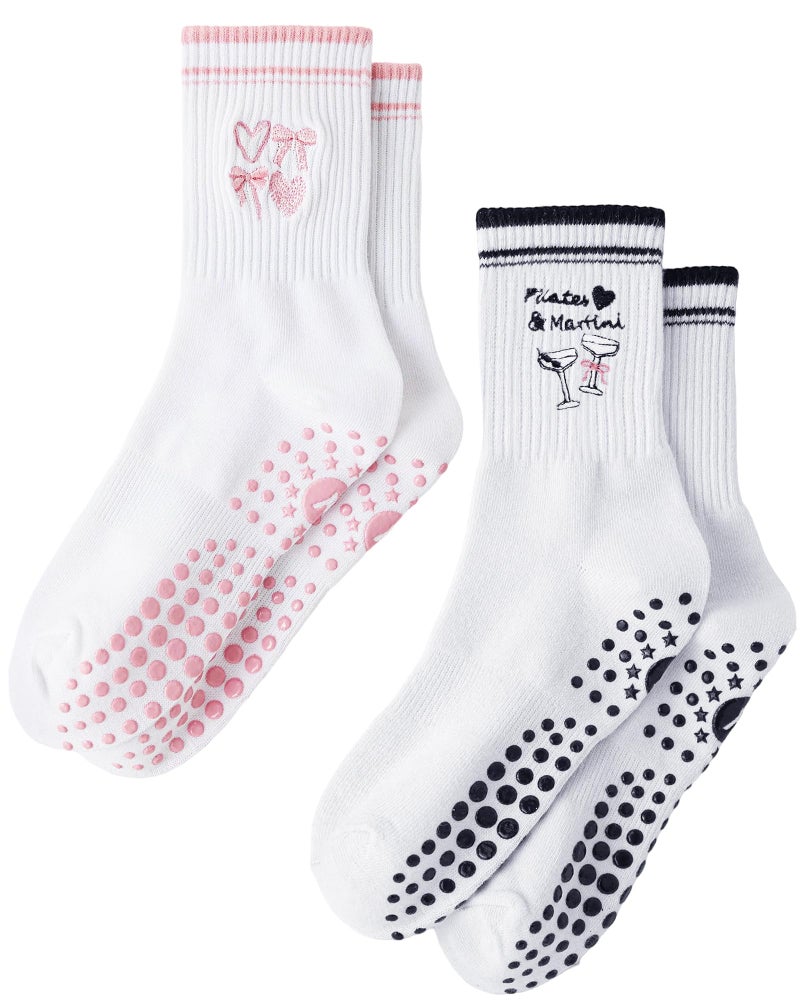 Yawlsow Pilates Grip Socks for Women Yoga Grippy Socks Cute Barre Non Skid Athletic Crew Sticky Sock Workout Hospital (US, Alpha, One Size, Regular, Regular, 2 Pack-Bow & Martini) - Image 1
