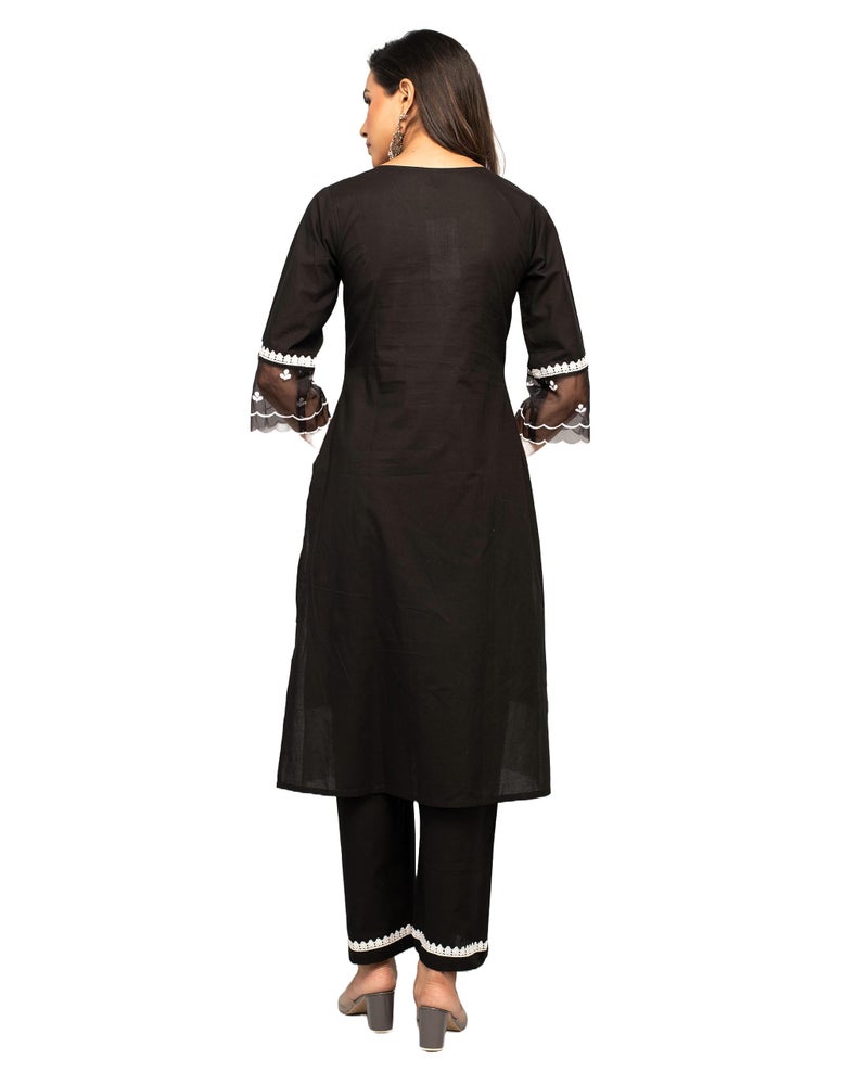 FIORRA Women's Balck Cotton Floral Embroidery Straight Kurta with Palazzo SET0106 Black - Image 4