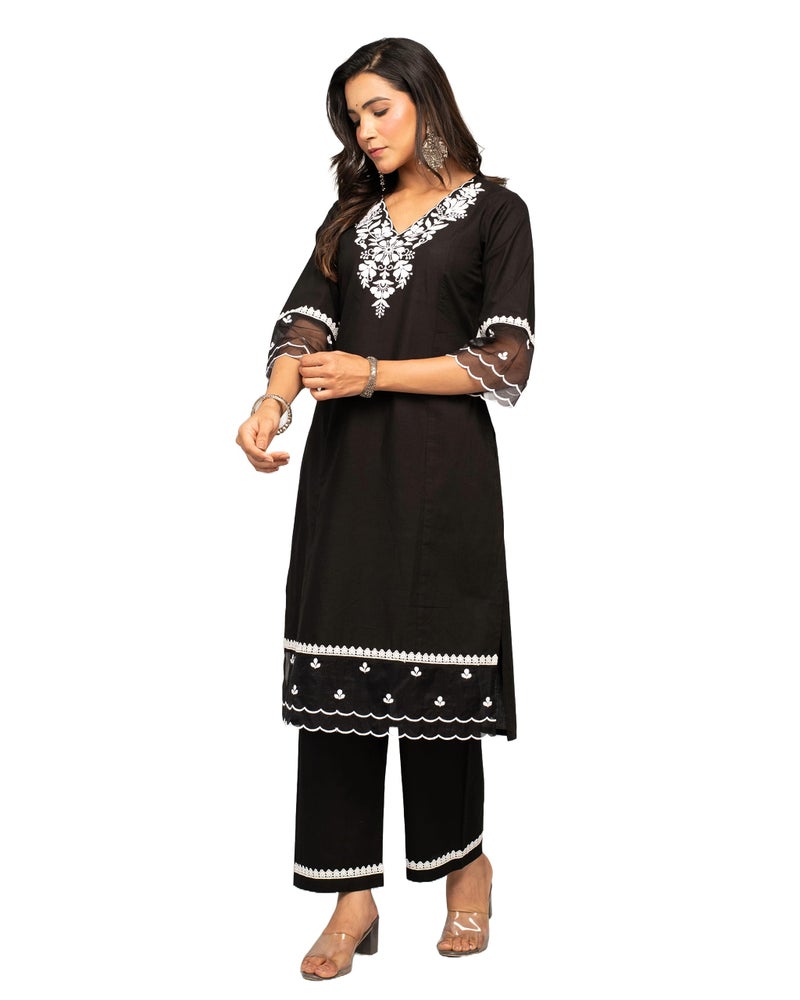 FIORRA Women's Balck Cotton Floral Embroidery Straight Kurta with Palazzo SET0106 Black - Image 3