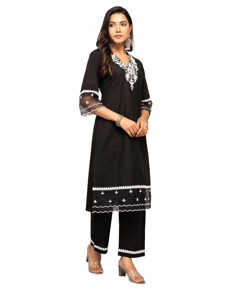 FIORRA Women's Balck Cotton Floral Embroidery Straight Kurta with Palazzo SET0106 Black - Image 2
