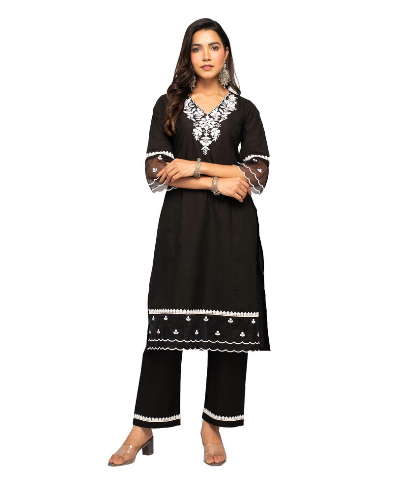 FIORRA Women's Balck Cotton Floral Embroidery Straight Kurta with Palazzo SET0106 Black - Image 1