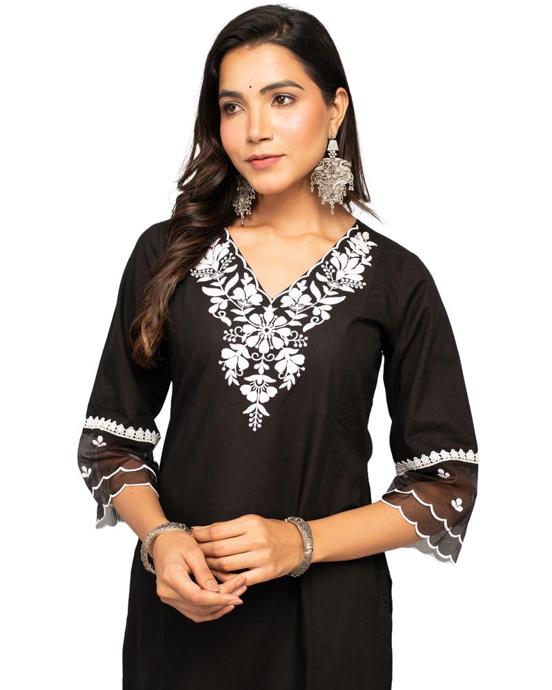 FIORRA Women's Balck Cotton Floral Embroidery Straight Kurta with Palazzo SET0106 Black - Image 5