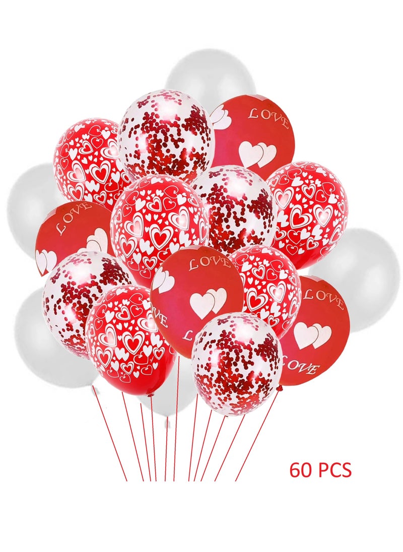 Boxwoods 60 PCS Of Love Heart Printed Red And White Balloons Set With Confetti For Valentines Day Decoration  - Image 1